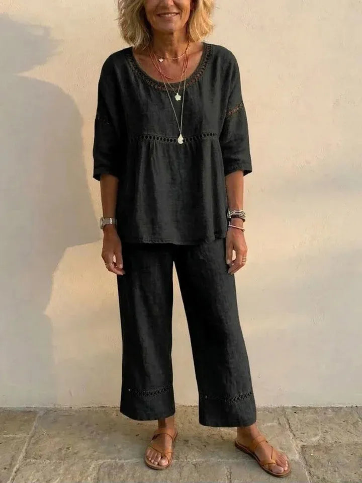 Linen Blend Eyelet 2-Piece Set, Round Neck Blouse and Wide Leg Pants