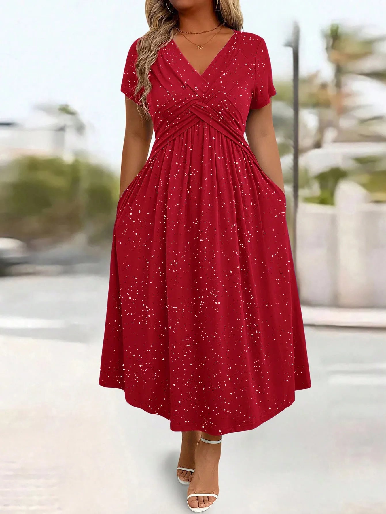 Twist Front A Line Midi Dress, Short Sleeve V-Neck Glitter Dot Print Dress with Pockets