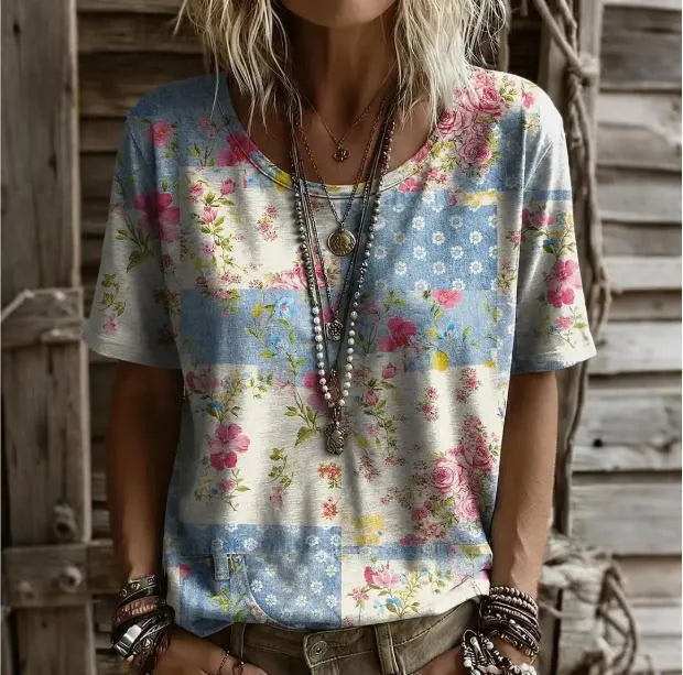 3D Color Block Print V Neck Rolled Short Sleeve Casual Tee