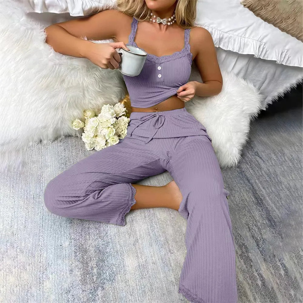 Lace Trim Button Front Cami Long Pants Loungewear Set