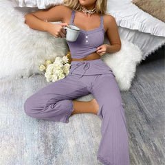 Lace Trim Button Front Cami Long Pants Loungewear Set