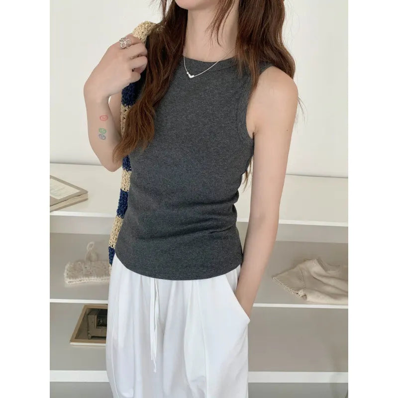 Round Neck Sleeveless Fitted Basic Ribbed Tank Top