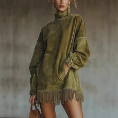 Retro Suede Fringe Hem Turtleneck Tunic Dress
