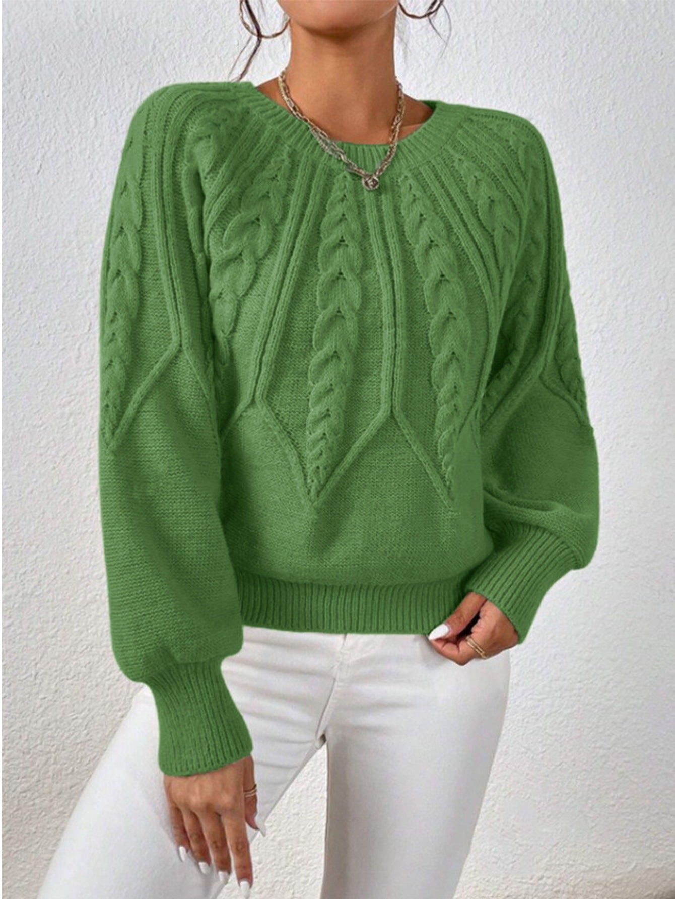 Crew Neck Cable Knit Sweater, Long Lantern Sleeve Loose Solid Pullover