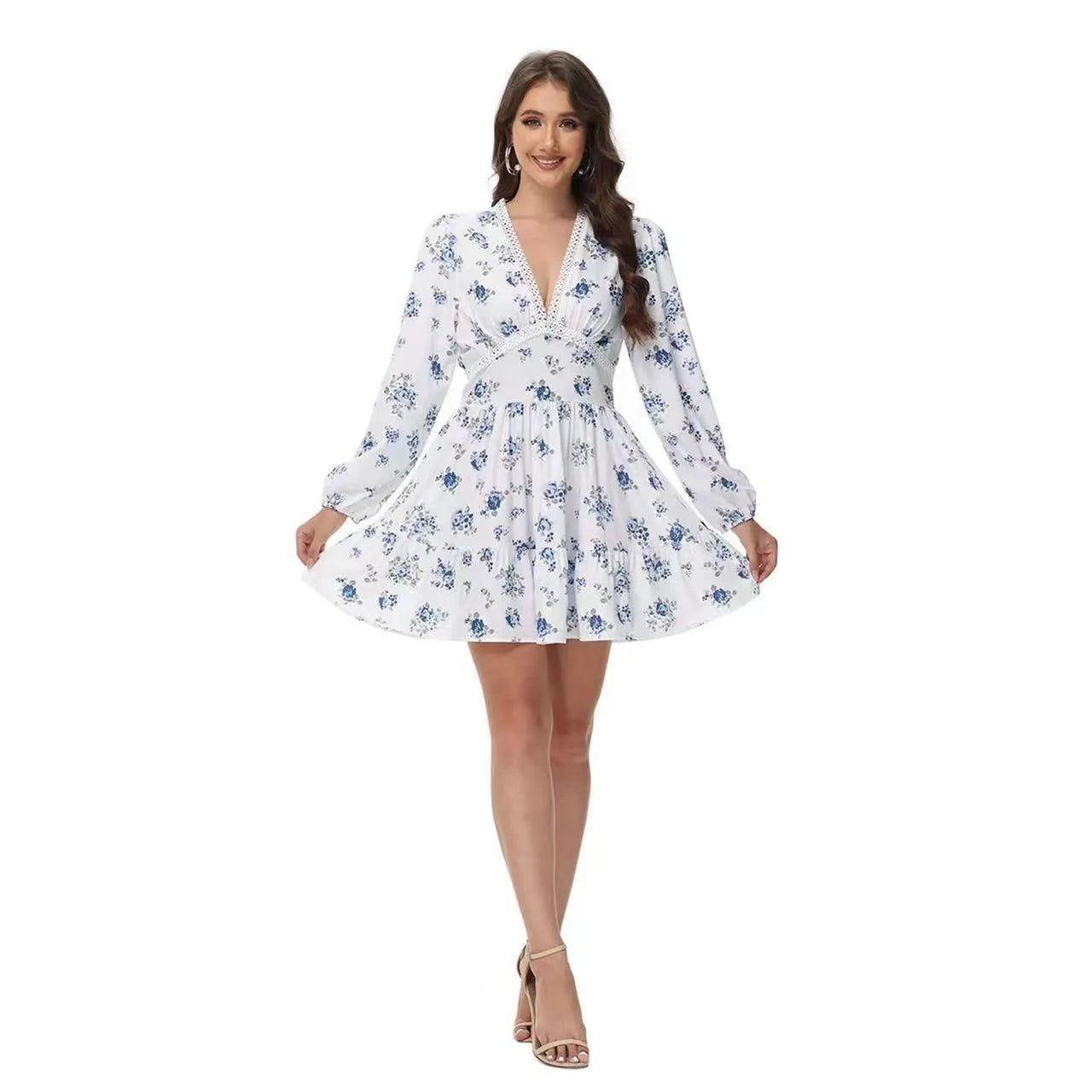 Sweet Floral V-Neck Bubble Sleeve A-Line Mini Dress Loose Waist Lightweight Campus Daily Dress