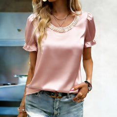 Solid Pearl Neck Puff Short Sleeve Satin Top