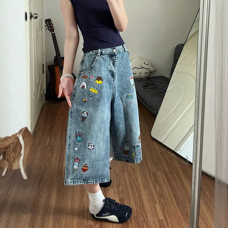 High Waist Cartoon Patch Wide Leg Cropped Jeans