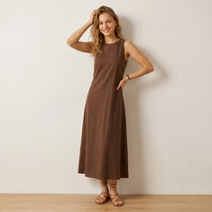 Solid Round Neck Sleeveless Straight A-Line Long Midi Dress