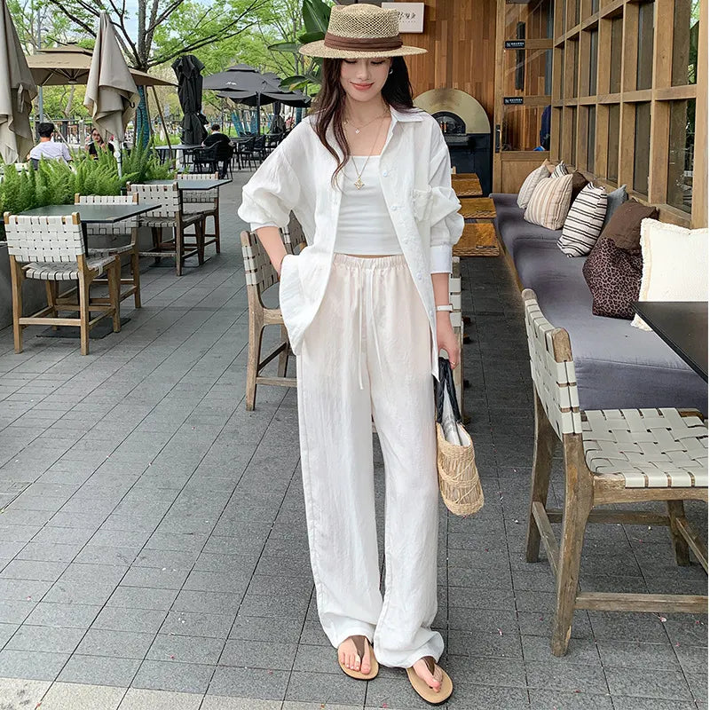 Oversized Long Sleeve Shirt Drawstring Shorts / Pants 2 Piece Casual Suit
