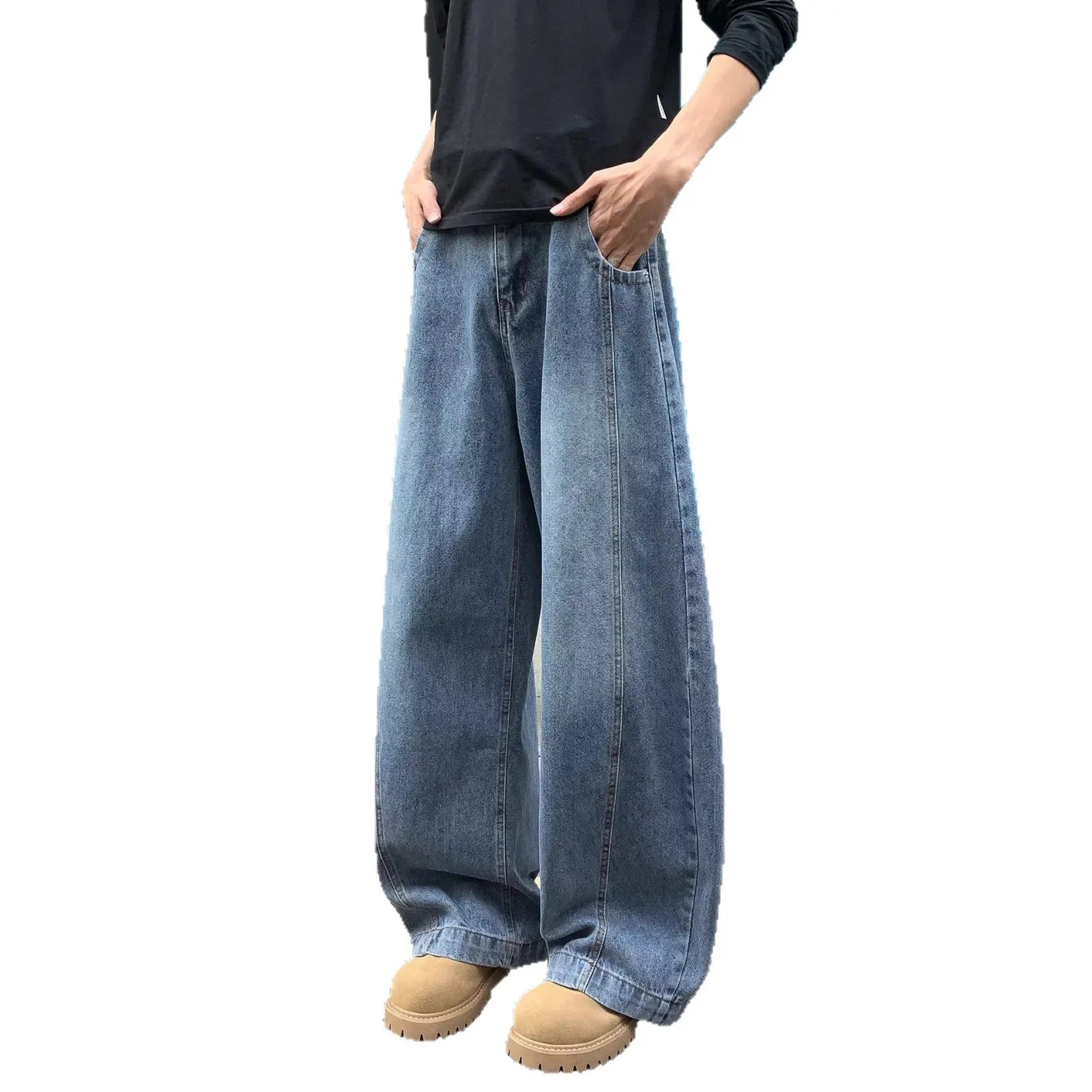 Men Mid Waist Vintage Washed Wide Leg Jeans