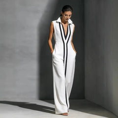 Contrast Piping Deep V-Neck Collared Sleeveless Loose Maxi Dress