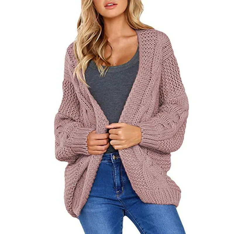 Open Front Cable Knit Sweater Coat Long Sleeve Loose Fit Red Knit Cardigan