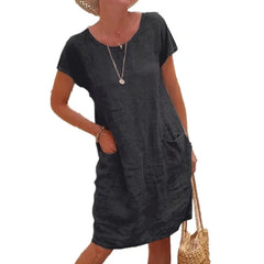 Solid Color Cotton Linen Short Sleeve Midi Dress,
