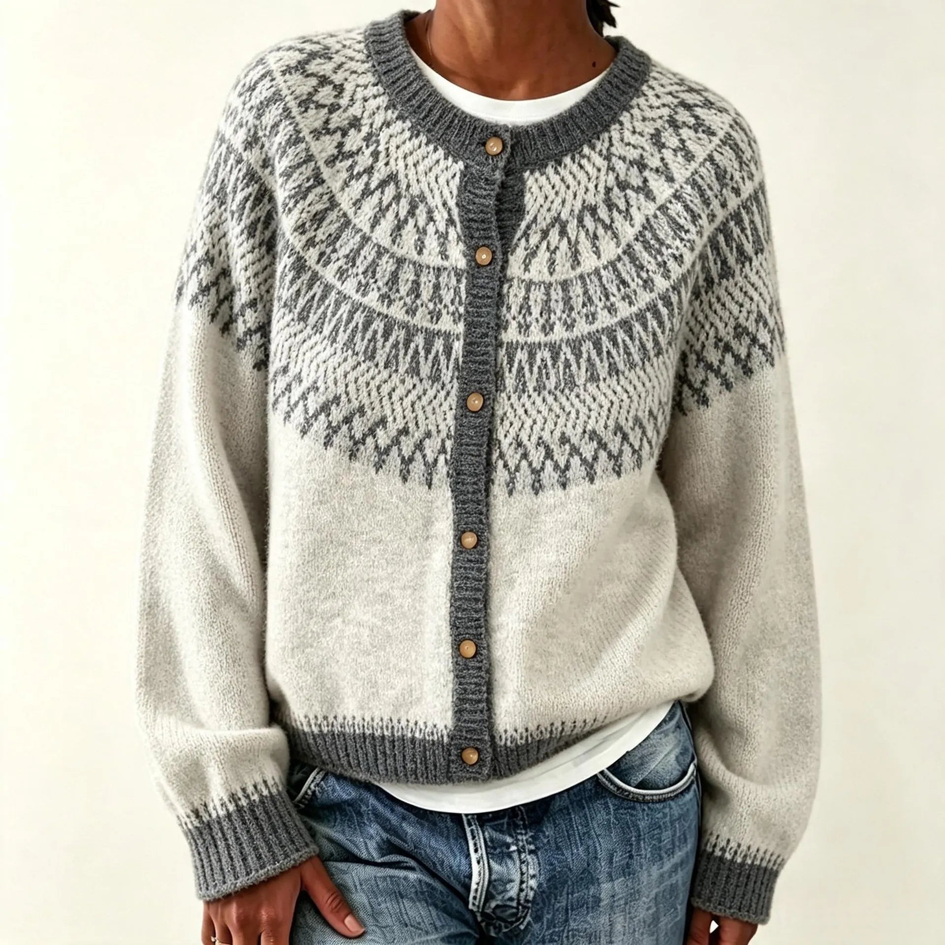 Nordic Geometric Pattern Knit Cardigan Round Neck Button Front Cozy Long Sleeve Sweater for Women