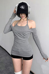 Off Shoulder Halter Long Sleeve Top Tee
