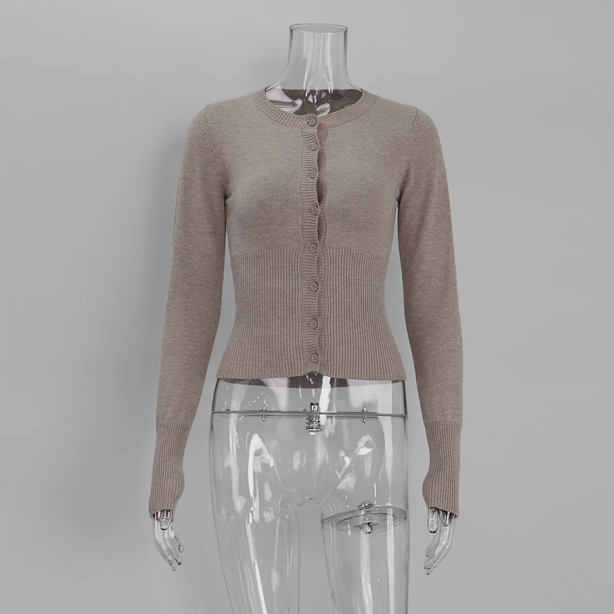 Y2K Button Front Crop Knit Top, Round Neck Long Sleeve Fitted Gray Sweater Cardigan