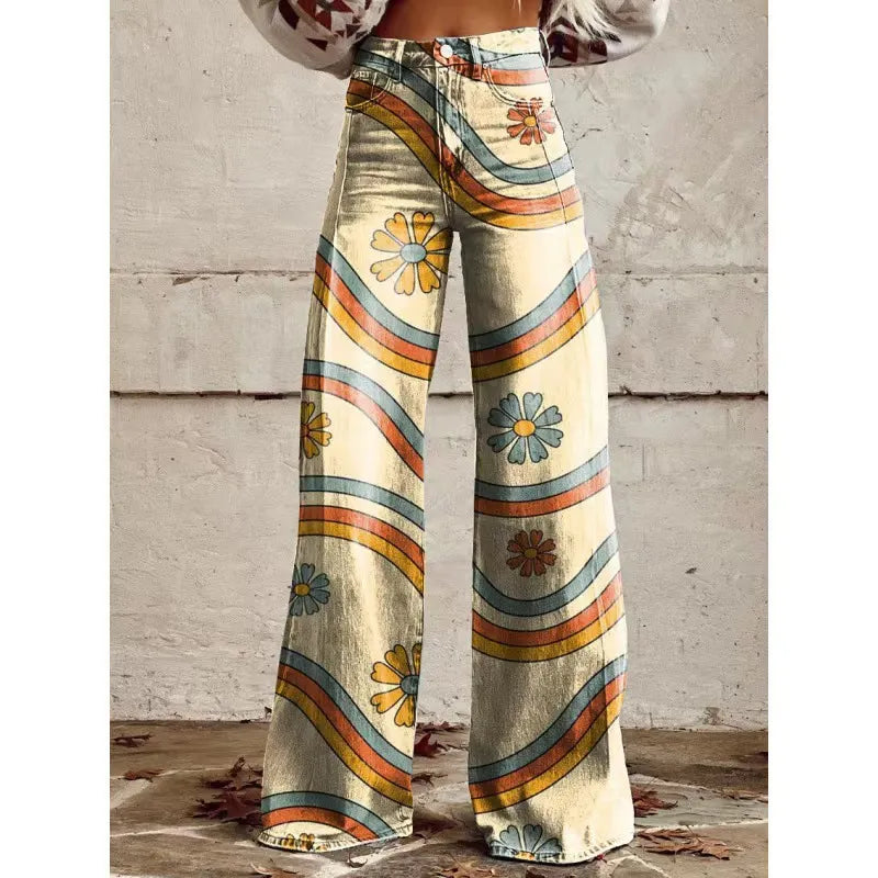High Waist Western Cowboy Horse Print Wide Leg Pants