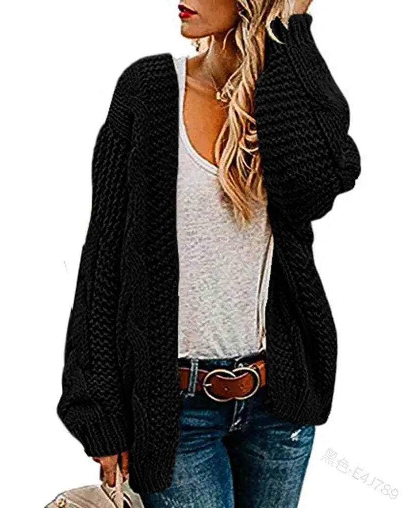 Open Front Cable Knit Sweater Coat Long Sleeve Loose Fit Red Knit Cardigan