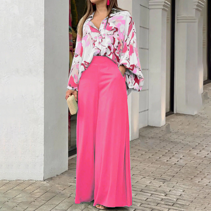 Floral Print Long Sleeve Shirt & Wide Leg Pants Two Piece Set