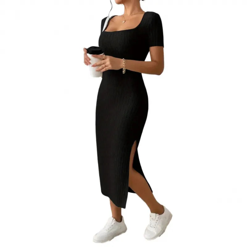 Square Neck Short Sleeve Ribbed Knit Bodycon Midi Dress with Side Slit