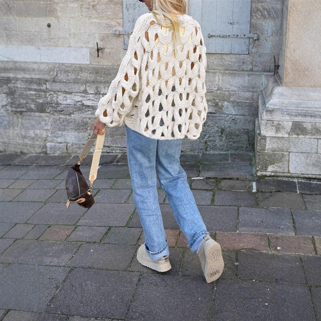 Openwork Hollow Knitted Jumper, Boho Lantern Sleeve Loose Fit Crochet Sweater