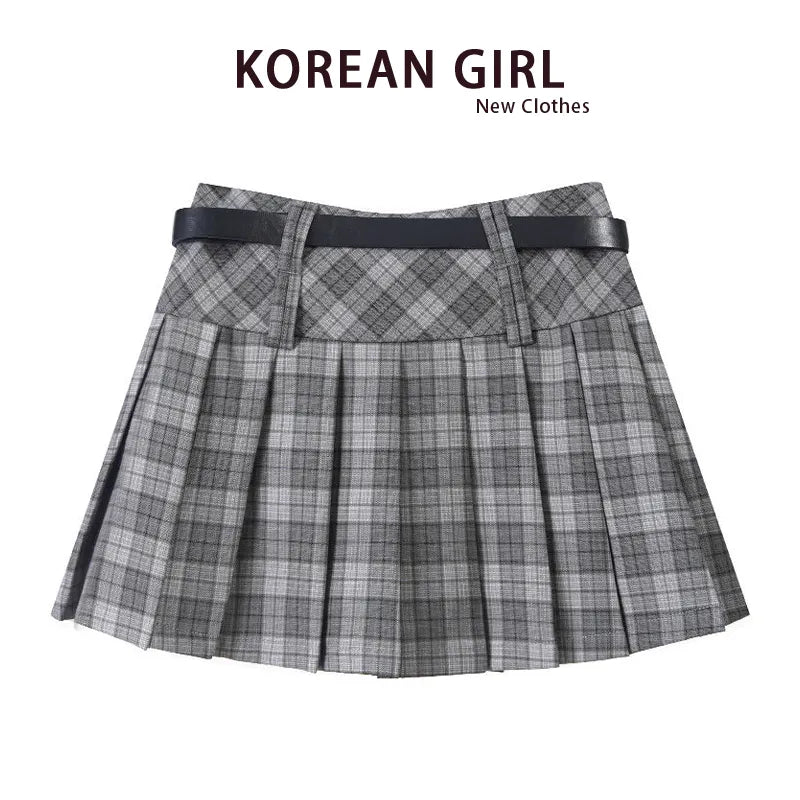 Y2K Streetwear Detachable Belt Plaid Pleated Skirt High Waist Mini Skirt