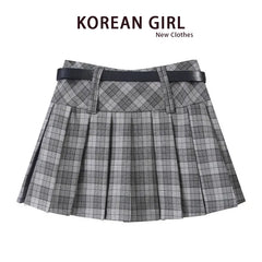 Y2K Streetwear Detachable Belt Plaid Pleated Skirt High Waist Mini Skirt
