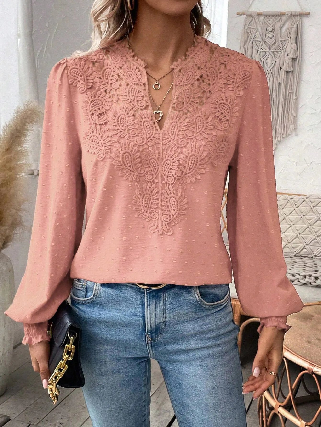 Lace V Neck Puff Sleeve Blouse