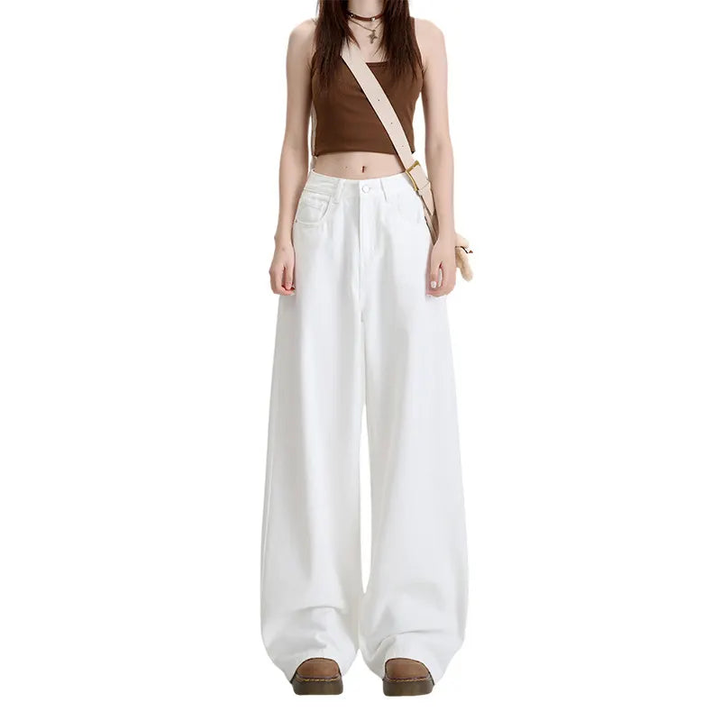 High Waist Non-Stretch Retro White Wide Leg Denim Pants