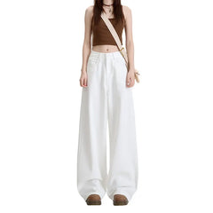 High Waist Non-Stretch Retro White Wide Leg Denim Pants