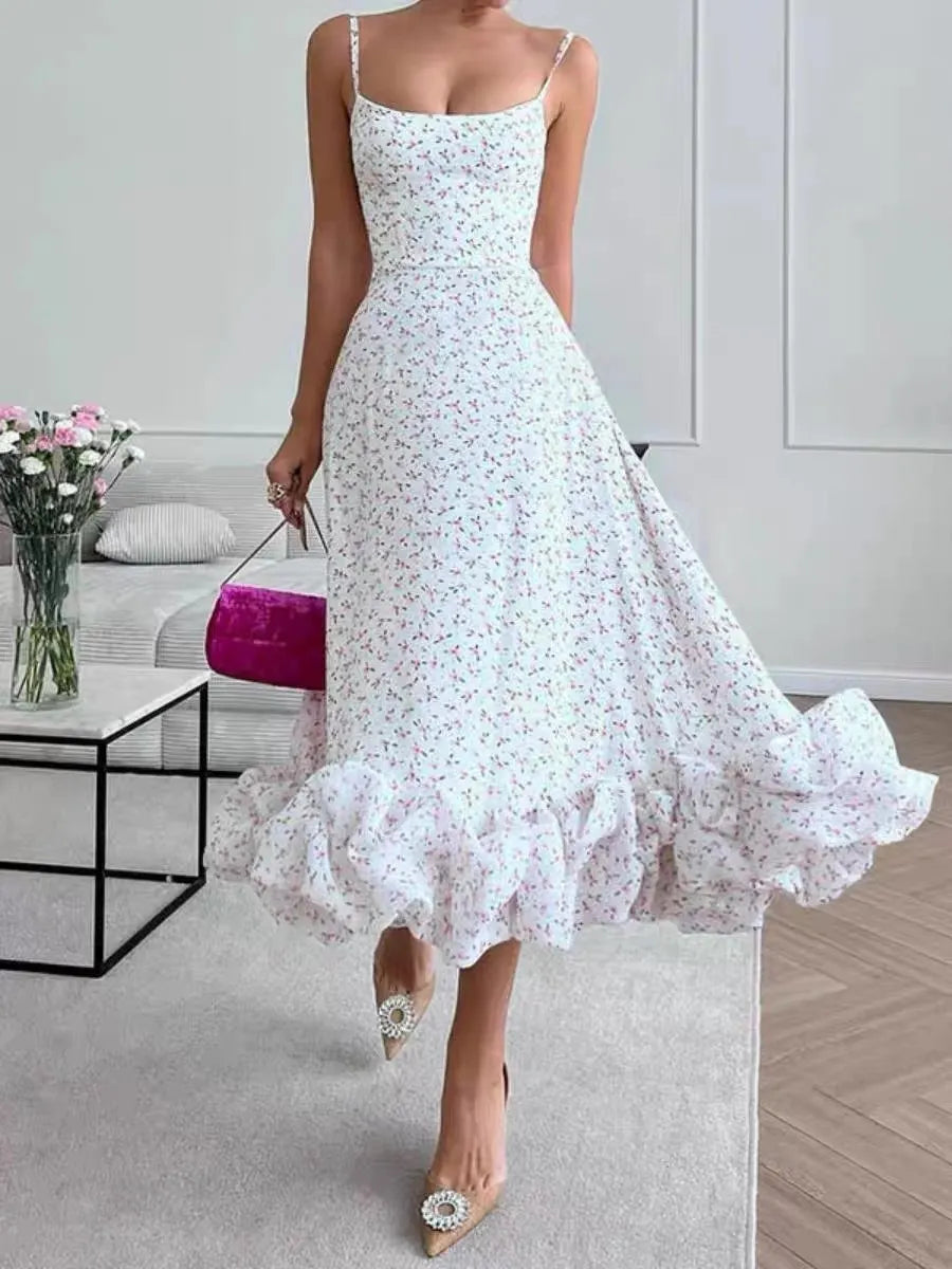 Solid U-Neck Sleeveless High Waist Pleated Flare Midi Dress