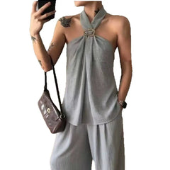 Linen Halter Top Wide Leg Pants Matching Two Piece Set