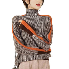Herringbone Turtleneck Knit Sweater, Color Block Contrast Long Sleeve Slim Pullover
