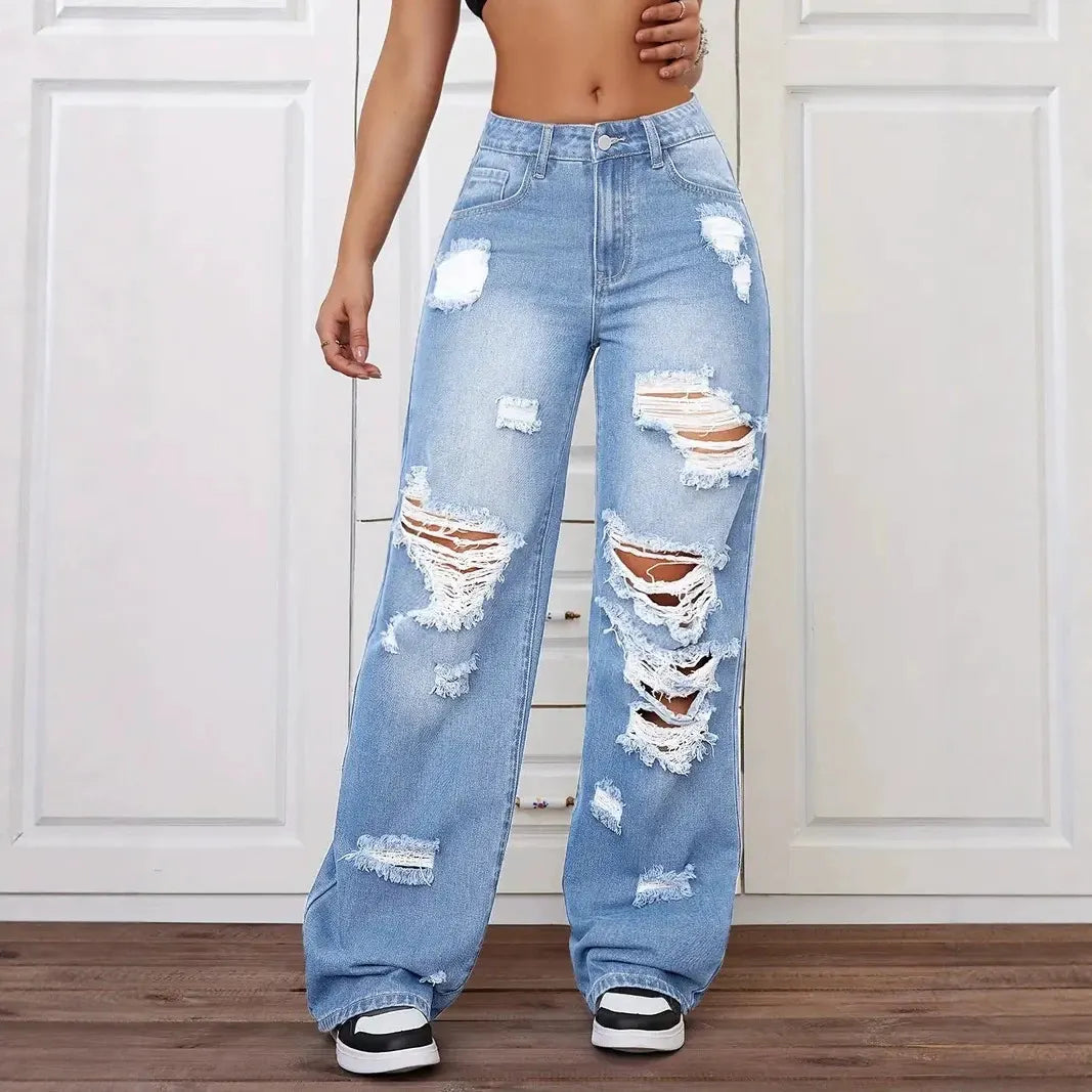 High Waist Ripped Wide Leg Jeans