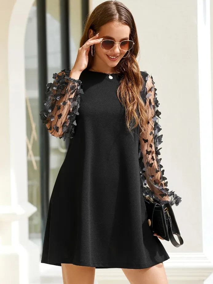 Contrast Mesh Sleeve Round Neck A-Line Midi Dress