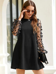 Contrast Mesh Sleeve Round Neck A-Line Midi Dress