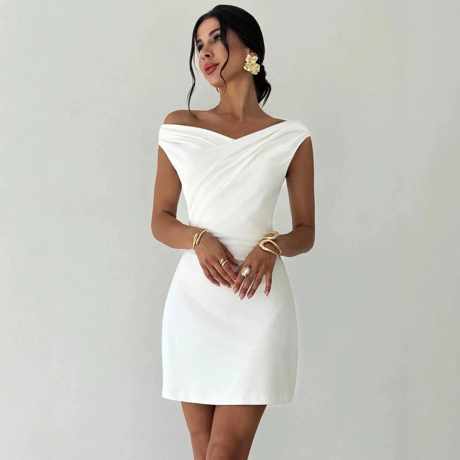 Off Shoulder Ruched Stitching High Waist Solid H-Type Bodycon Mini Dress