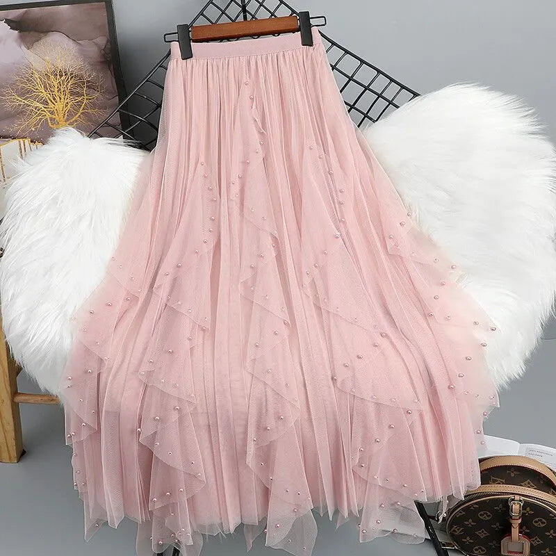 Pearl Beaded Asymmetrical Tulle Maxi Skirt