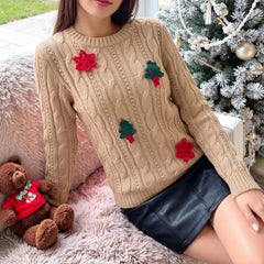 3D Christmas Tree Snowflake Cable Knit Sweater Crew Neck Long Sleeve Holiday Pullover