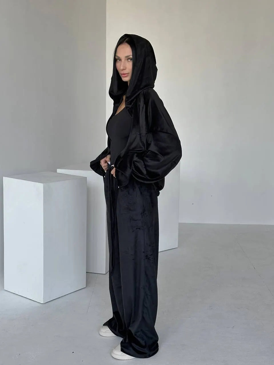 Solid Casual Long Sleeve Top & Wide Leg Pants Streetwear