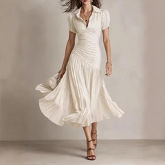 Lapel High Waist Pull Pleat A-Line Satin Midi Dress