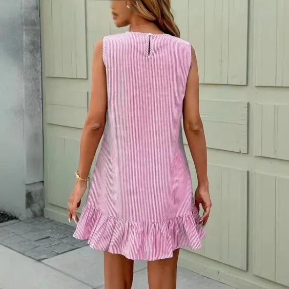 Round Neck Sleeveless Vertical Striped Loose Straight Mini Dress With Ruffle Hem