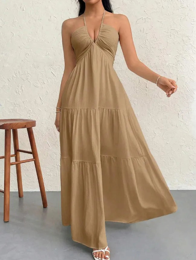 White Halter V-Neck Tiered Maxi Dress