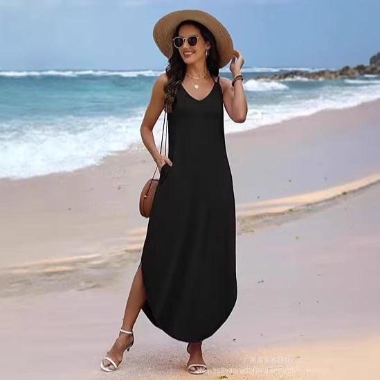 V-Neck A-Line Maxi Slip Dress