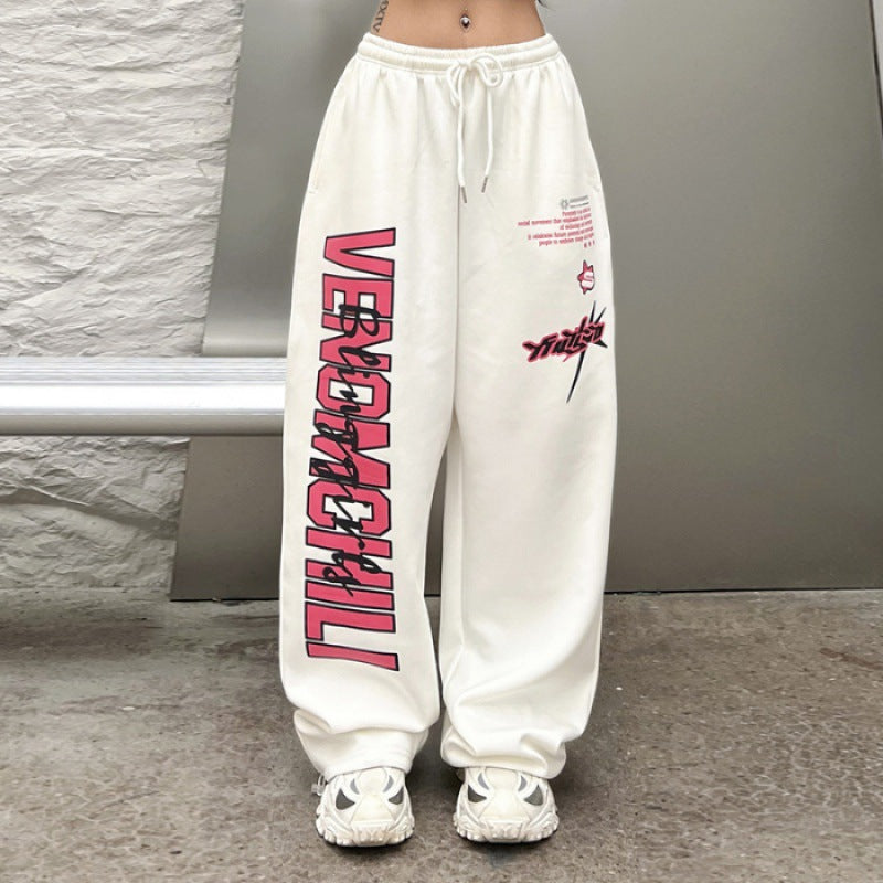 Letter Print Elastic Waist Baggy Wide Leg Sweatpants