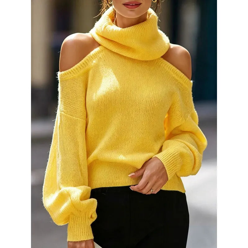 Cream Cold Shoulder Turtleneck Sweater Loose Fit Long Balloon Sleeve Knit Jumper for Fall Winter