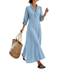 Light Blue Ruffled V-Neck Roll Tab Sleeve Maxi Dress