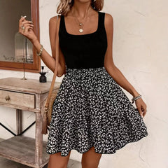 Square Neck Sleeveless Floral Spliced Slim-Fit Midi Dress