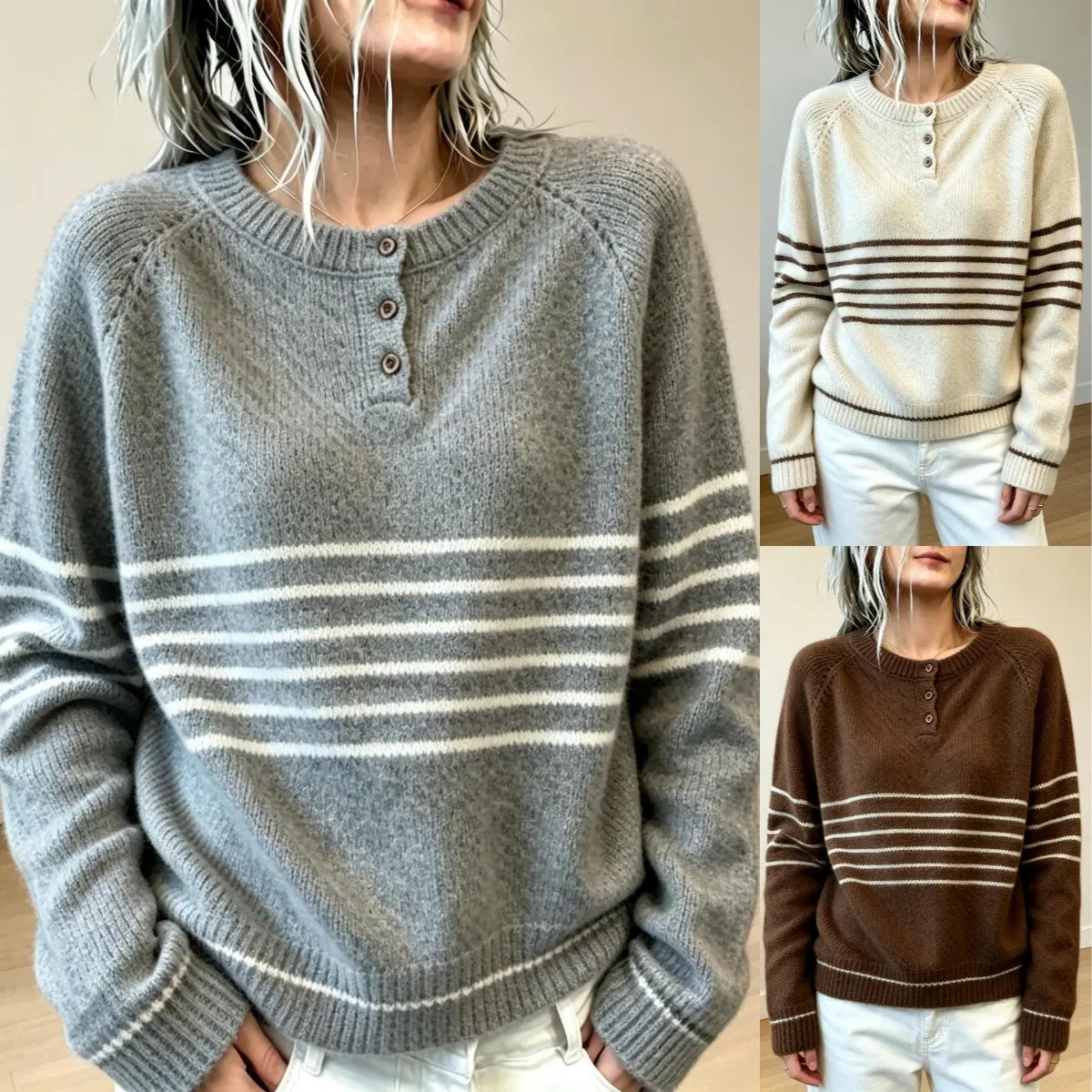 Striped Henley Neck Pullover Sweater