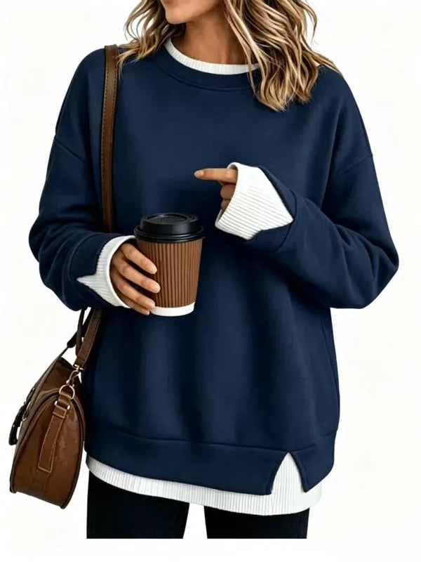 Fake Two Piece Sweatshirt, Black Base with Black White Stripe Cuff & Hem Detail